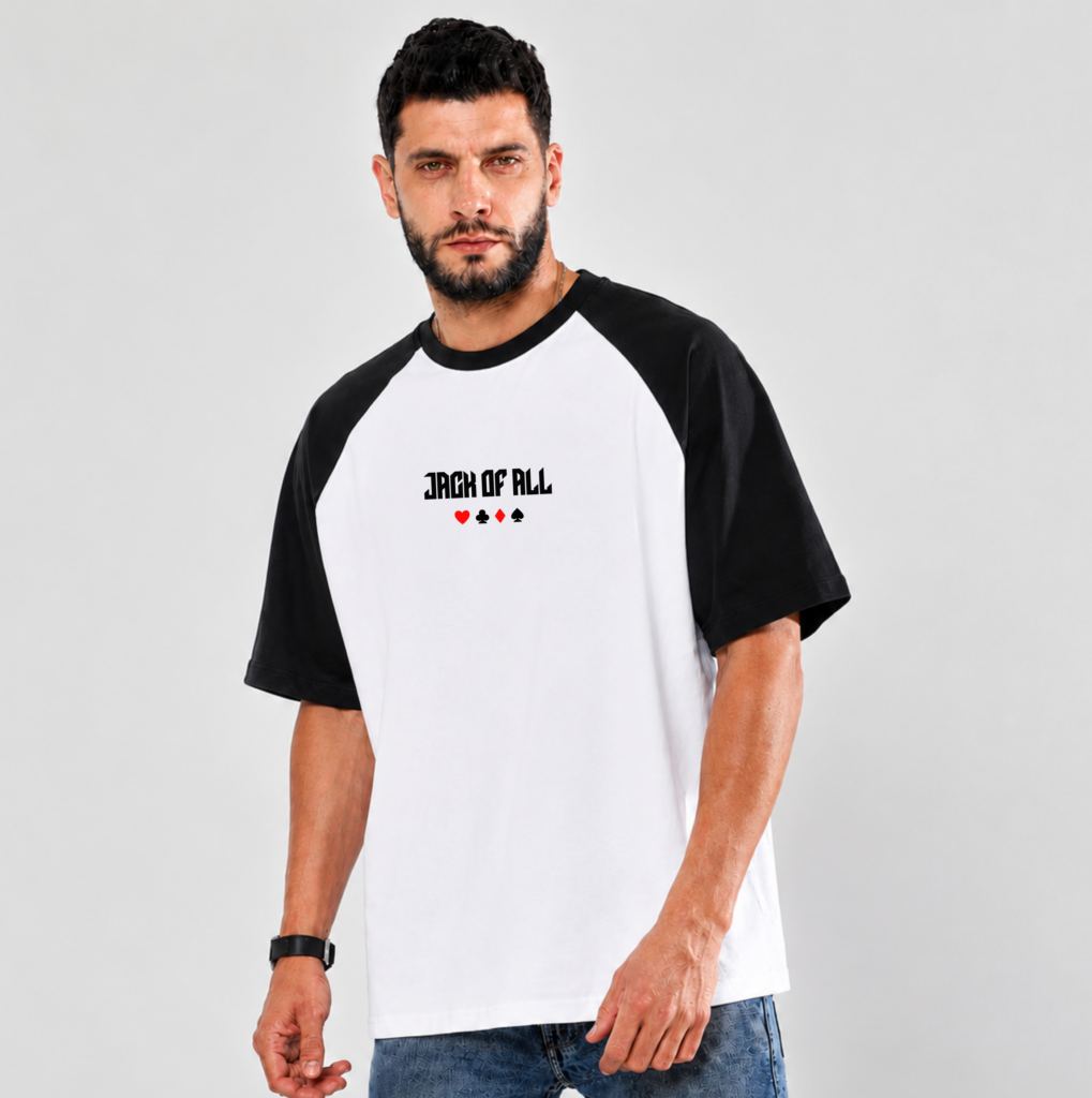 AURAON Jack of All Trades raglan t-shirt, white with black shoulders